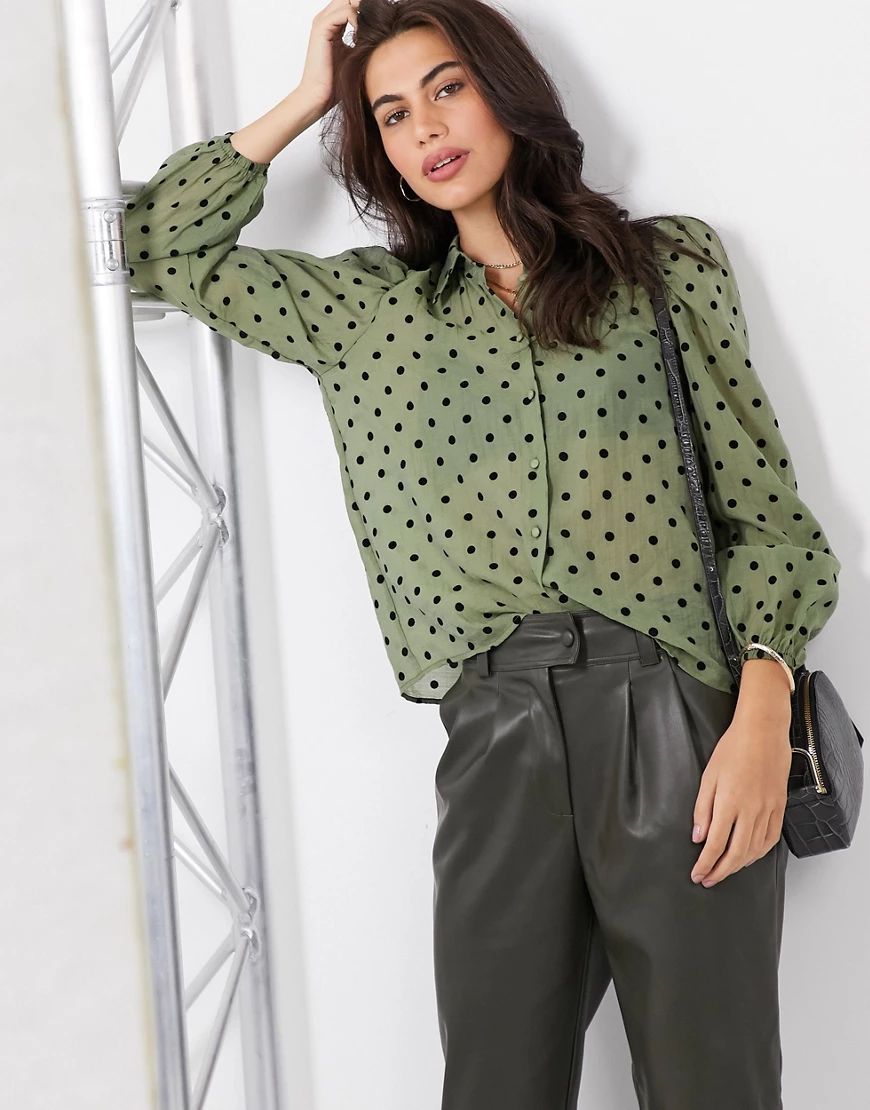 Stradivarius puff sleeve shirt in green with dots | ASOS (Global)