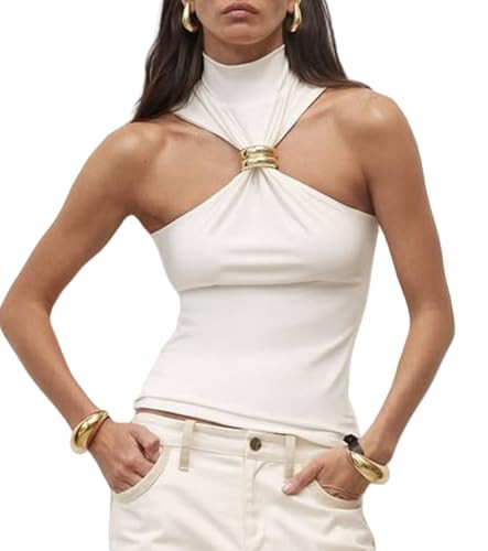 Women Halter Top Twist Front Sexy Ring Pleated Tank Top Turtleneck Dressy Sleeveless Summer Vest Streetwear (White, XL) | Amazon (US)