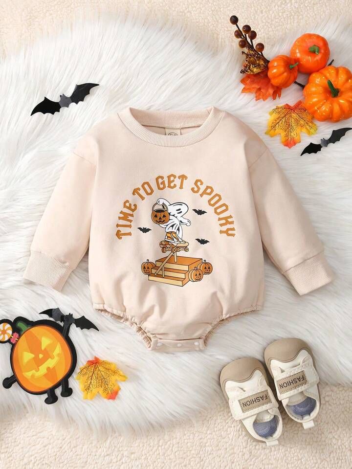 Newborn Baby Boy Halloween Round Neck Long Sleeve Casual Letter Ghost Print Romper | SHEIN