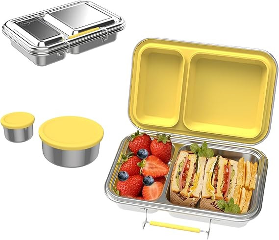 Stainless Steel Bento Box for Adults, 22.6 oz Compact 2-Compartment Metal Lunch Box with 2 Contai... | Amazon (US)
