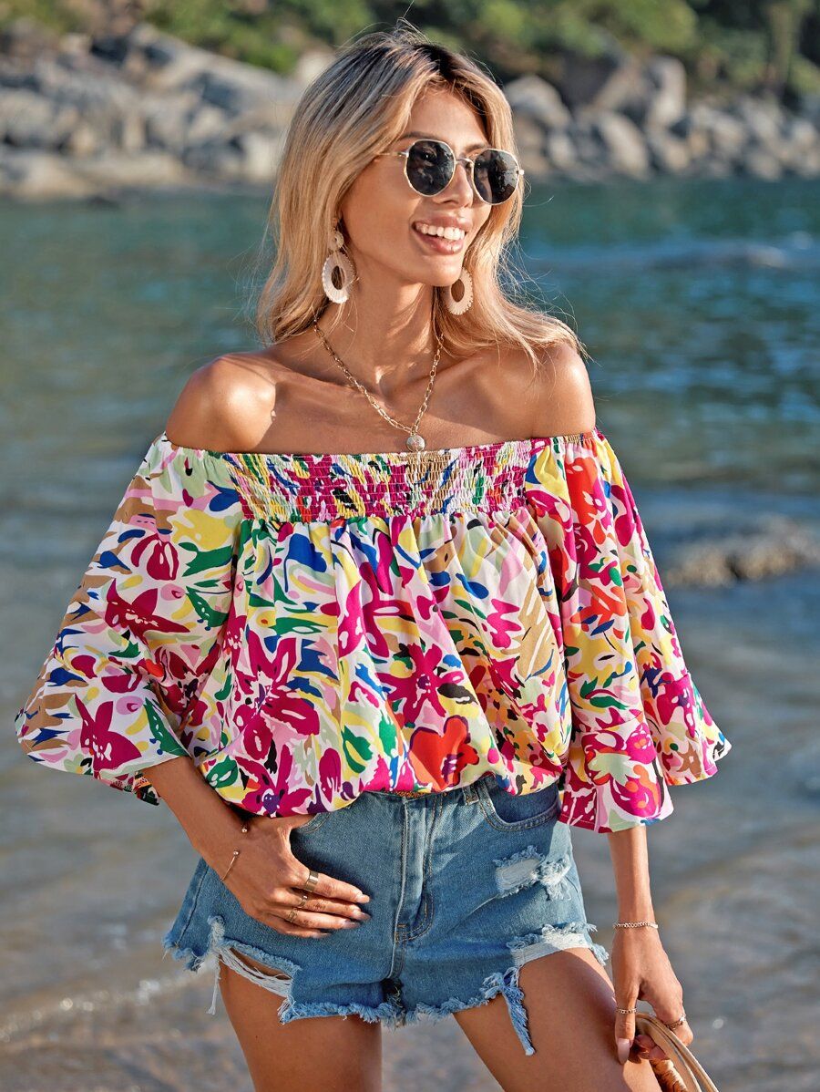 SHEIN VCAY Allover Print Shirred Off Shoulder Beach Blouse | SHEIN