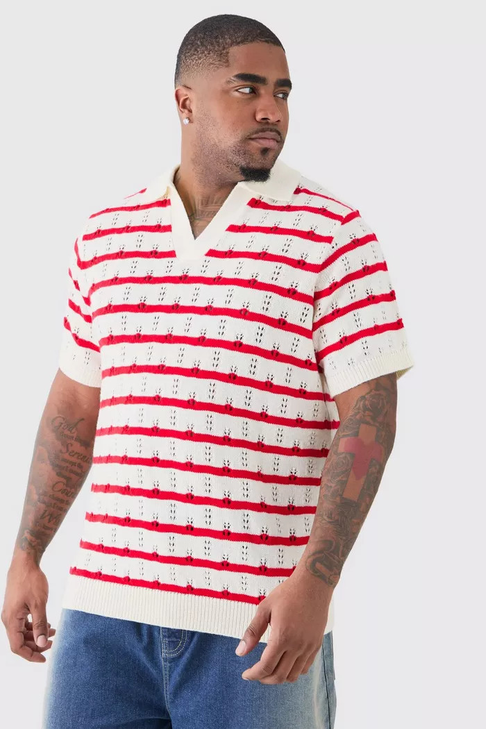 Plus Short Sleeve Regular Crochet Knit Stripe Polo In Red | boohoo (US & Canada)