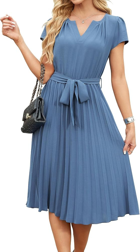 ECOWISH Womens Casual Midi Dresses Solid V Neck Short Sleeve Button Shirt Belted Dress with Pocke... | Amazon (US)