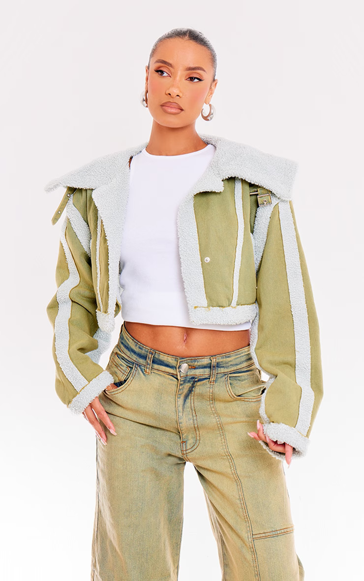 Washed Khaki Borg Detail Crop Denim Jacket | PrettyLittleThing UK