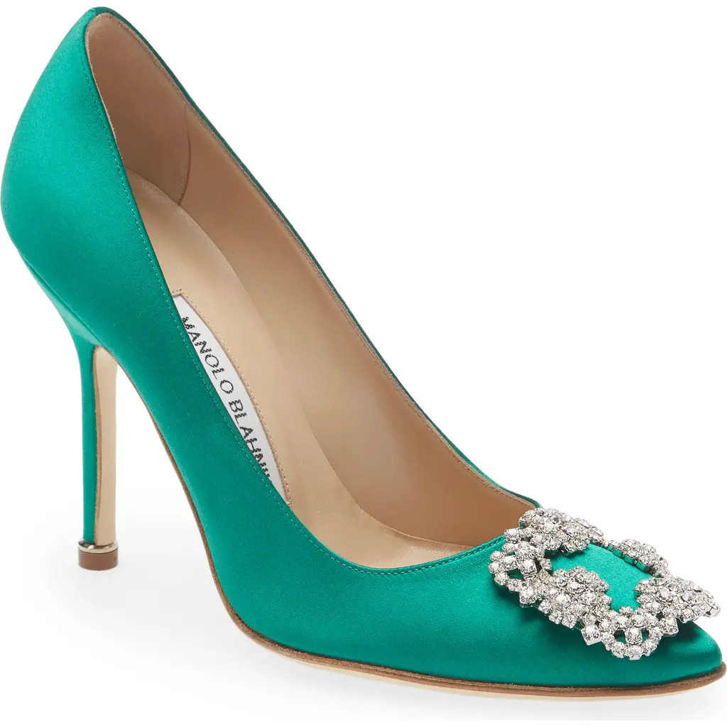Manolo Blahnik Hangisi Crystal Buckle Pump in Green at Nordstrom, Size 36.5 | Nordstrom