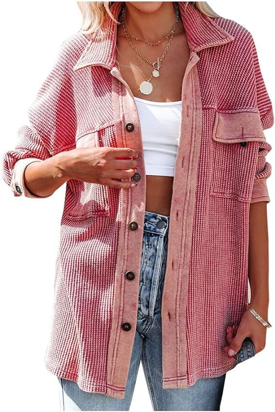 Kedera Women's Spread Collar Waffle Knit Button Down Shirt Loose Color Block Shacket Jacket | Amazon (US)