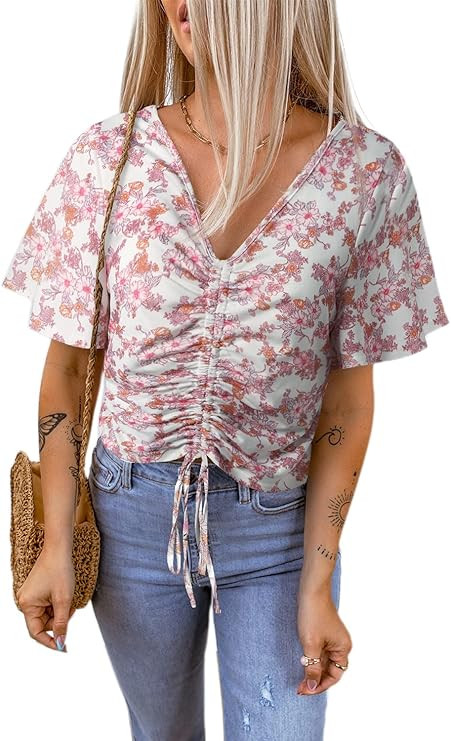SHEWIN Women's Casual Boho Floral Print V Neck Short Sleeve Loose Blouses Shirts Tops | Amazon (US)