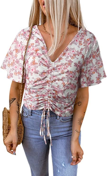 SHEWIN Women's Casual Boho Floral Print V Neck Short Sleeve Loose Blouses Shirts Tops | Amazon (US)