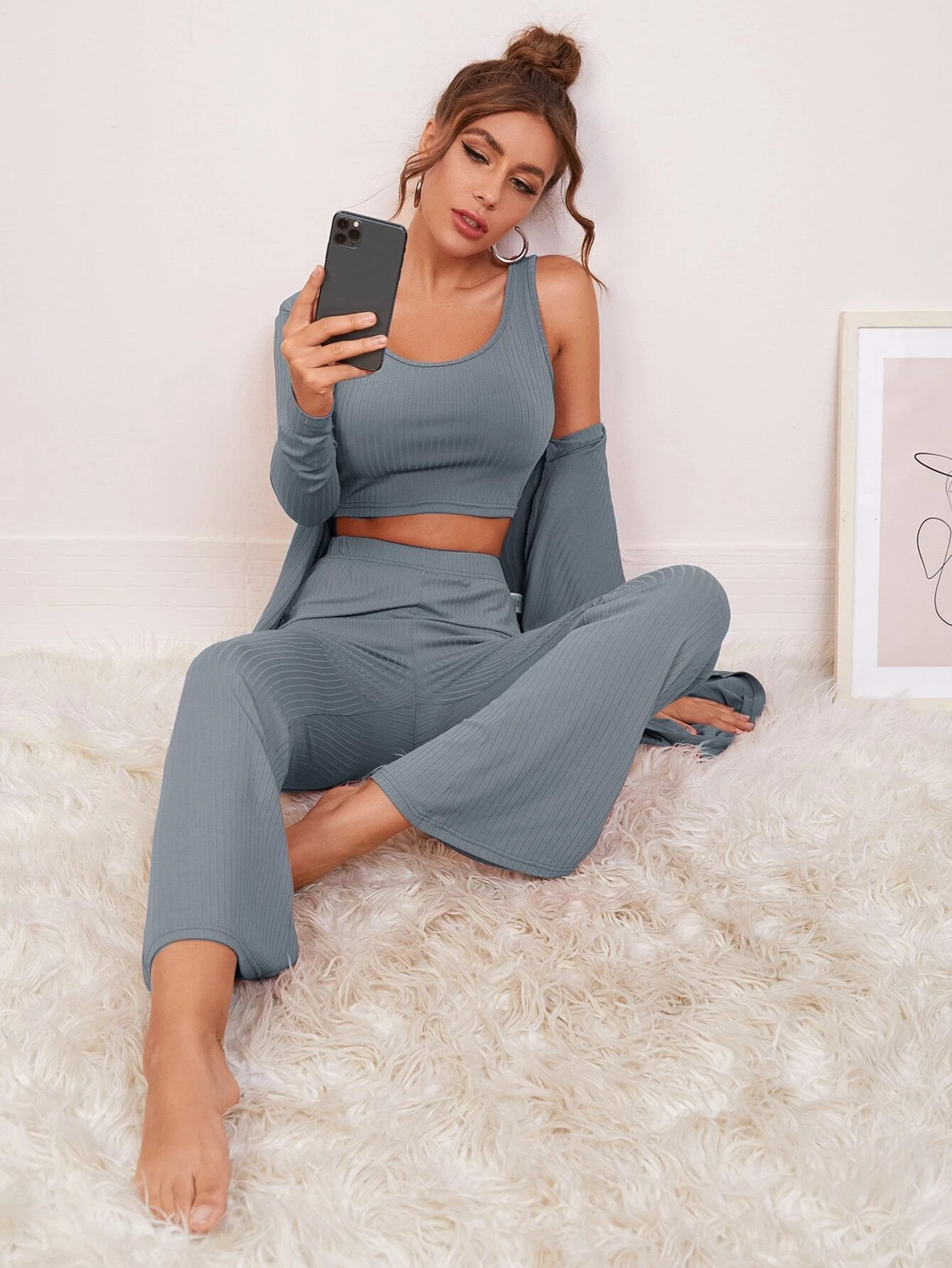 3pcs Solid Ribbed Tank Top & Pants & Robe Set | SHEIN