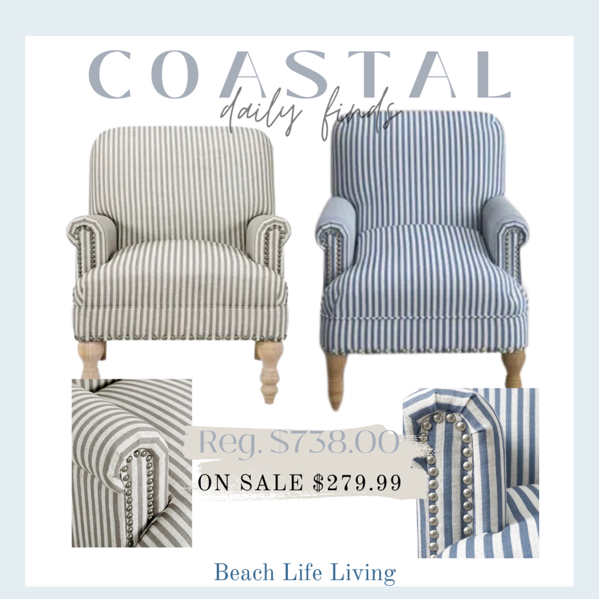 Coastal Daily Finds
Wayfair Django Upholstered Armchair
Nautical stripe design and mail head trim , 
Regular. $720 Sale $284.99 Gray 
Blue/White- $738 Sale $279.99



#LTKsalealert #LTKFind #LTKhome