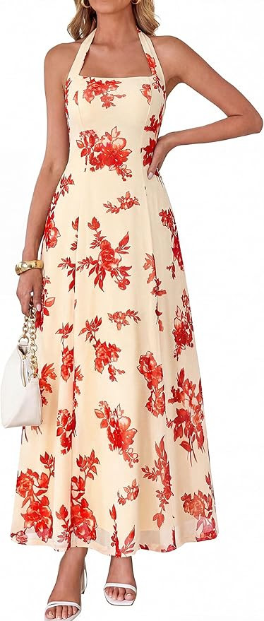 KIRUNDO Women's Summer Sleeveless Halter Floral Maxi Dress 2026 Beach Wedding Guest Cocktail Mesh... | Amazon (US)