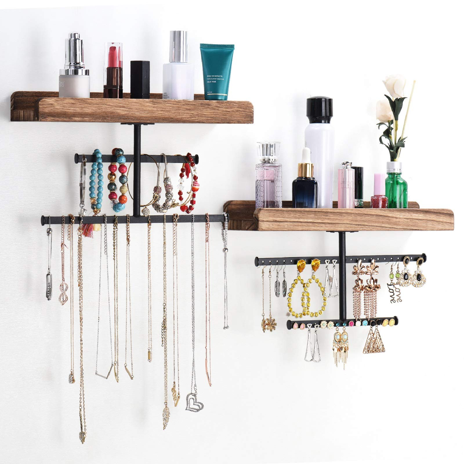 Keebofly Hanging Wall Mounted Jewelry Organizer with Rustic Wood Jewelry Holder Display for Neckl... | Amazon (US)