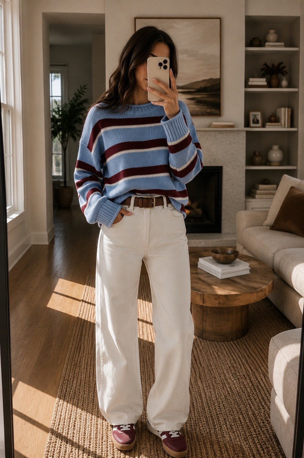 The perfect mix of cozy + casual 🤎💙 Loving this Abercrombie striped sweater paired with relaxed wide-leg jeans for an effortlessly cute fall outfit! The burgundy and blue color combo is SO good, and this look is perfect for everyday wear, casual weekends, or running errands. 🍂

Shop my Abercrombie fall outfit and all the details on LTK! ✨