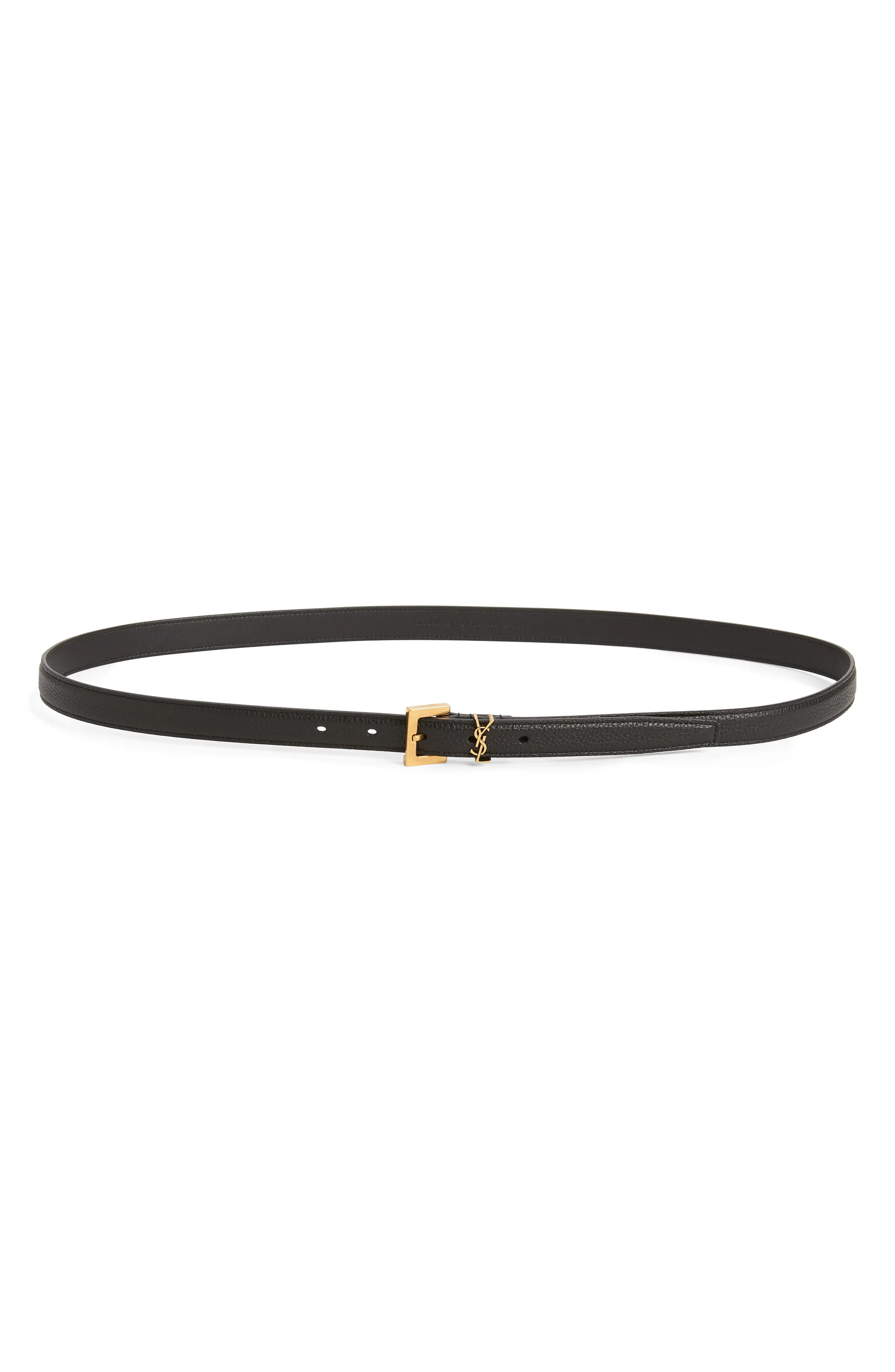 Saint Laurent Logo Slim Leather Belt in 1000 Nero at Nordstrom | Nordstrom