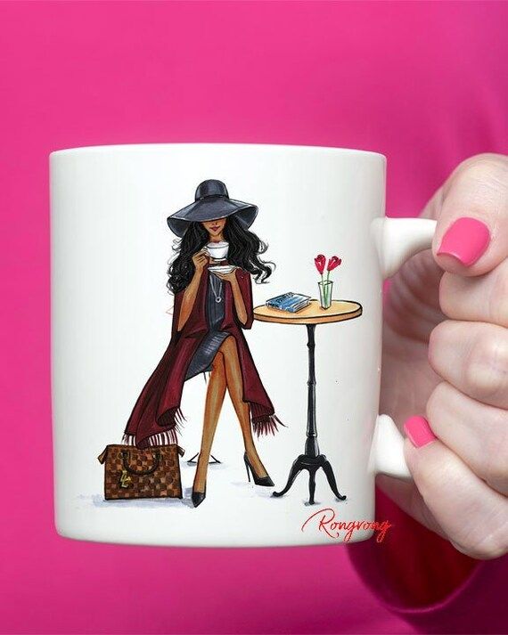 Lady Latte Coffee mug - dark skin (Fashion Illustration Print  - Fashion Sketch prints - Home Dec... | Etsy (US)
