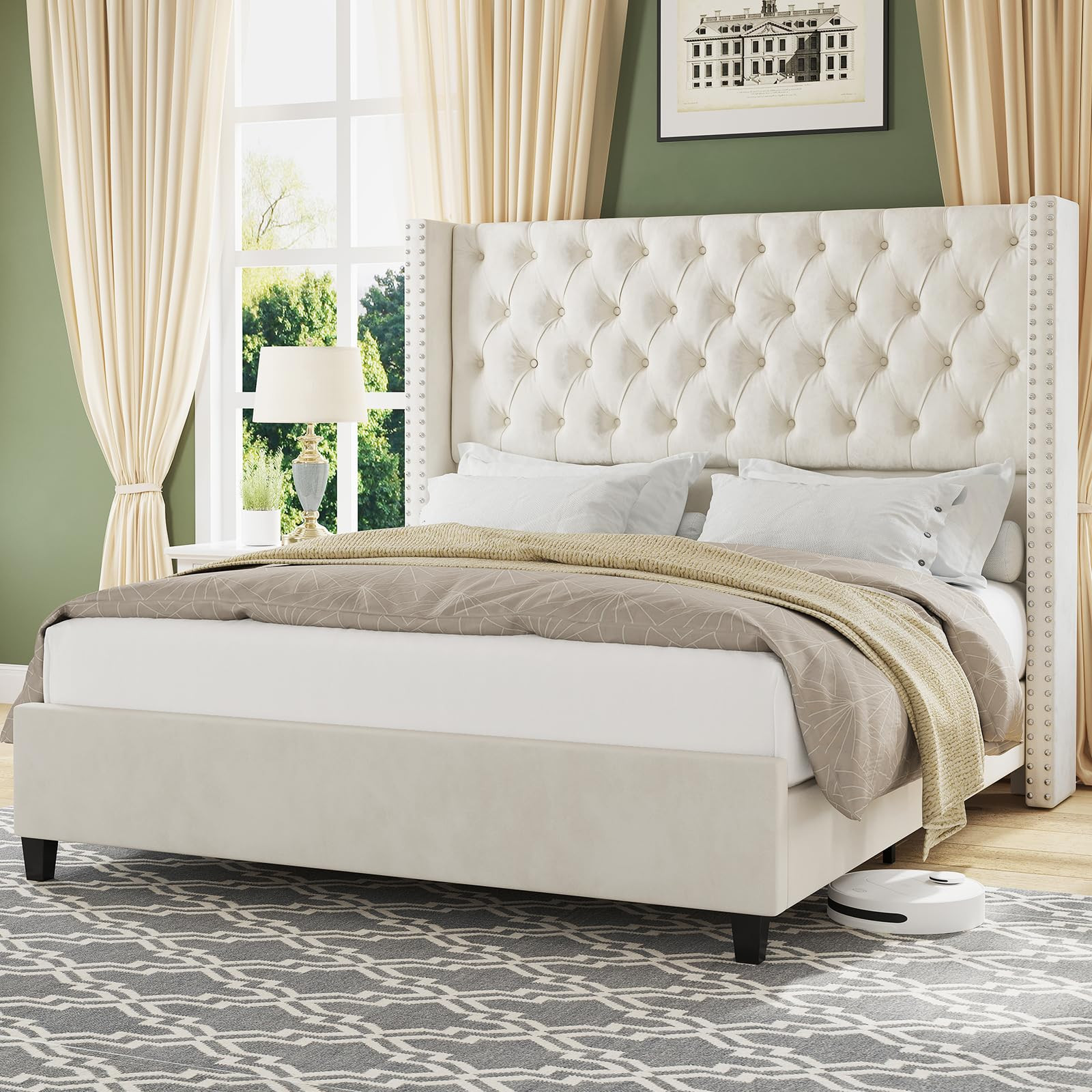 Jocisland King Upholstered Bed Frame with Tall Headboard Wingback Platform Bed Tufted Deep Button... | Amazon (US)