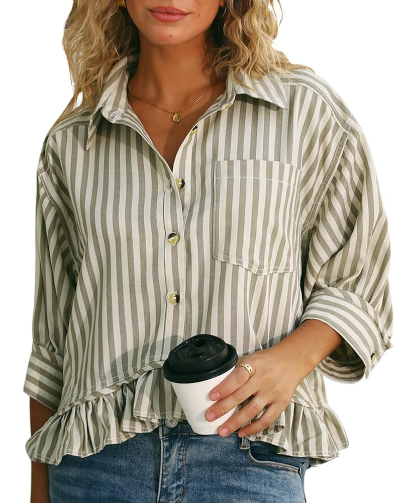 CHYRII Womens Summer Tops Dressy Casual Blouse Top Ruffled Short Sleeve Button Down Striped Shirt | Amazon (US)