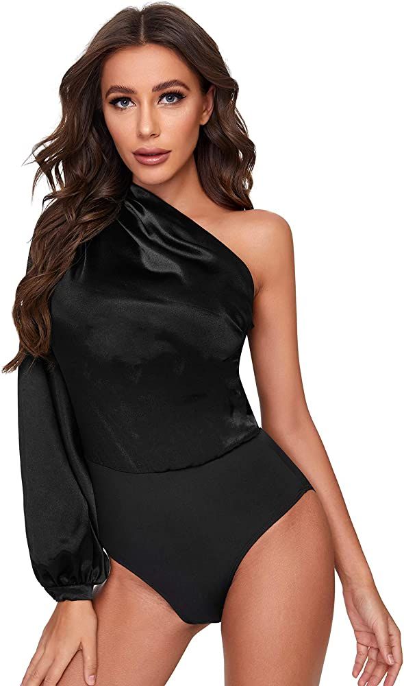 Amazon.com: SOLY HUX Women's One Shoulder Long Sleeve High Waist Satin Bodysuit Pure Black XS : C... | Amazon (US)