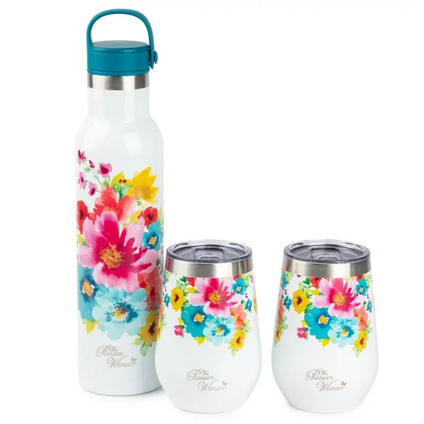 The Pioneer Woman Stainless Steel Tumbler 25 fl oz, Floral, with 2 Wine Tumblers | Walmart (US)