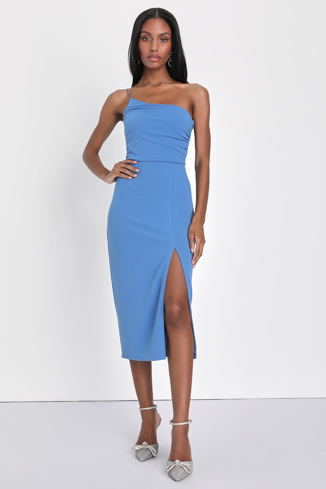 Elegant Allure Slate Blue One-Shoulder Sleeveless Midi Dress | Lulus (US)