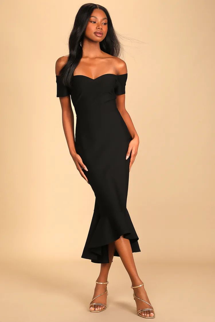 How Much I Care Black Off-the-Shoulder Midi Dress | Lulus