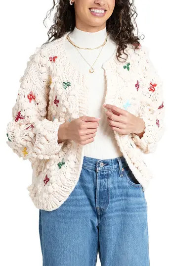 SAACHI Cross Stitched Pompom Cardigan in Ivory at Nordstrom Rack | Nordstrom Rack