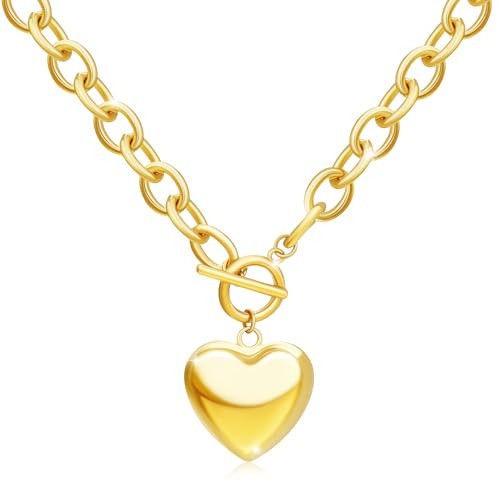 BONJOULRY Chunky Gold Bubble Heart Charm Toggle Necklace for Women, Gold Statement Thick Link Chain Puffy Heart Pendant Choker Necklaces for Women Trendy Jewelry Holiday Gift | Amazon (US)