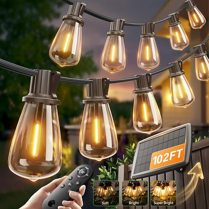 addlon 102FT(96+6) Solar String Lights Outdoor with Remote, Waterproof Patio Lights with 30 Shatt... | Amazon (US)