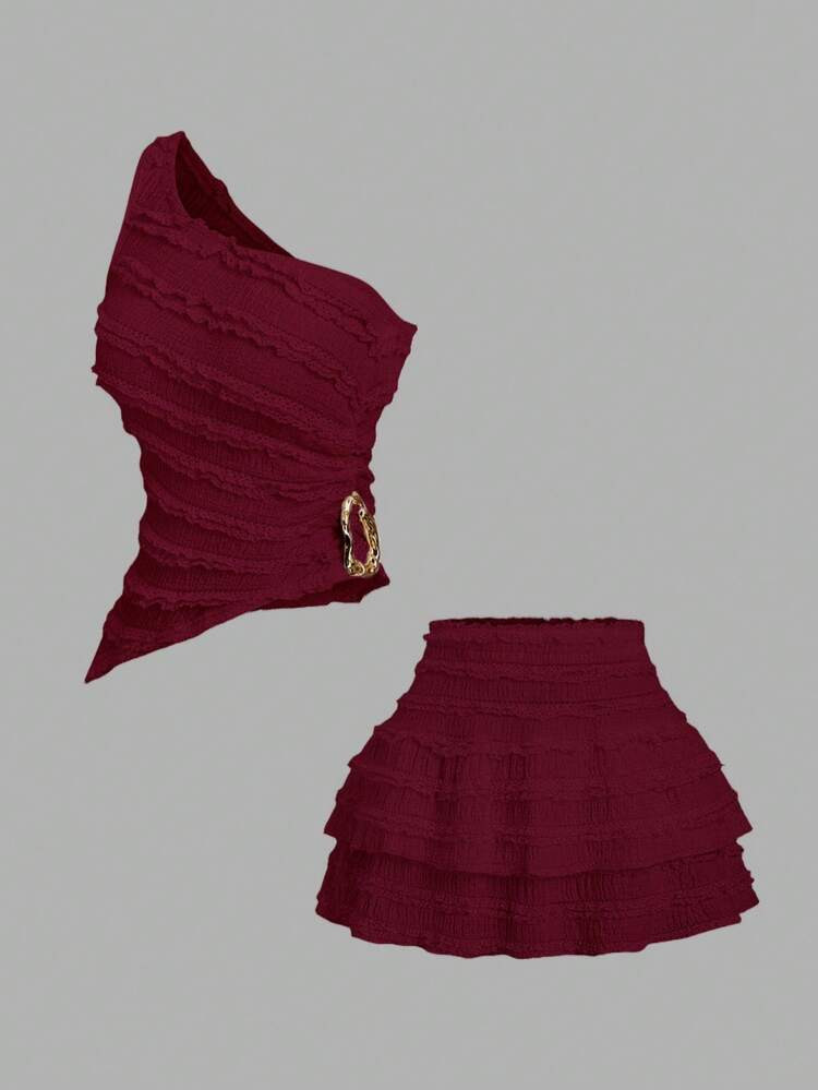 Sweetra Elegant Asymmetric Neck Top And Peplum Skirt Set, Summer | SHEIN