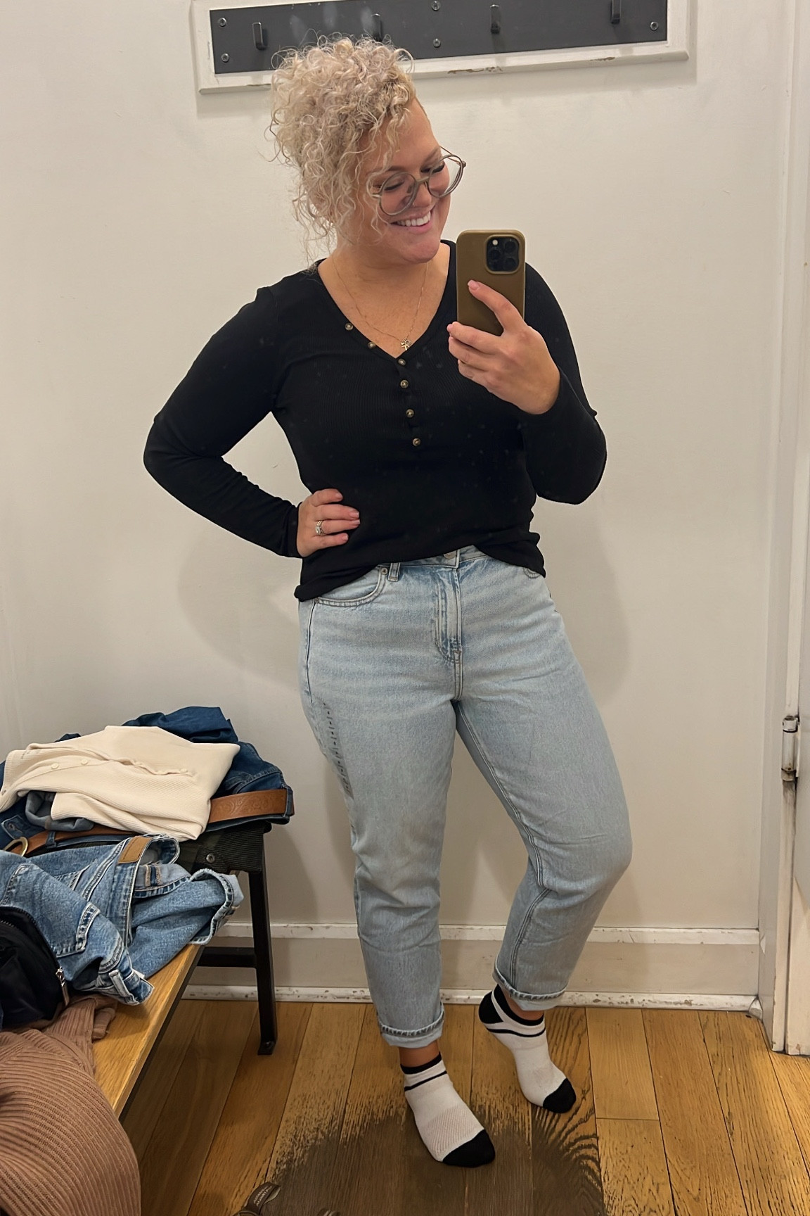 Wearing an 8 Short in these Strigid Mom Jeans. Love love these ones! They hug you in all the right places. 
Wearing a Large in the waffle Henley 

#LTKCyberWeek #LTKGiftGuide #LTKmidsize