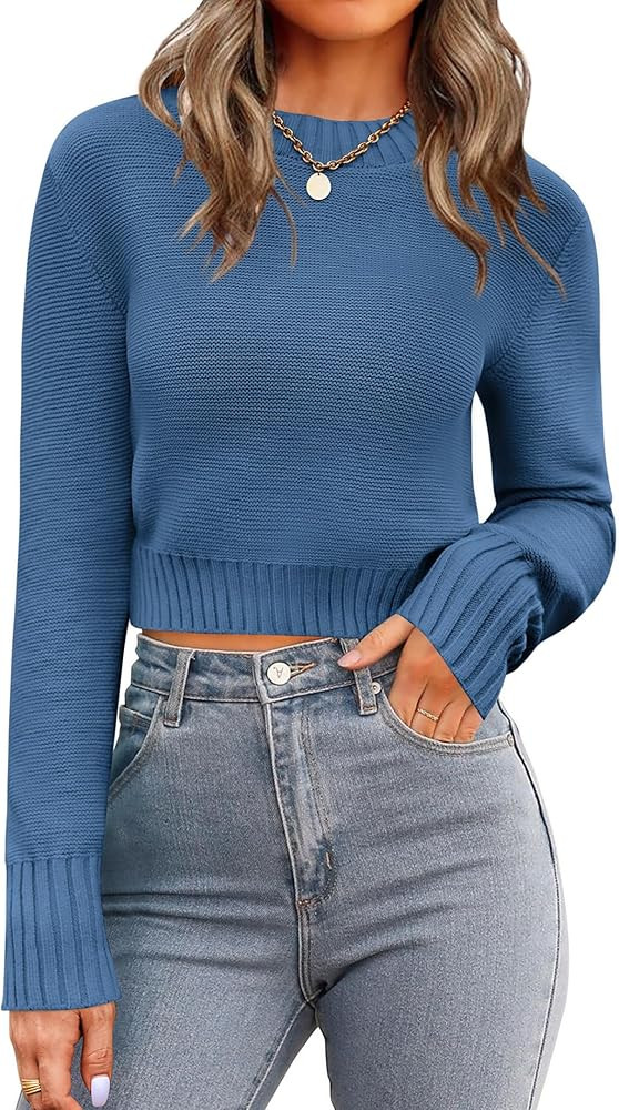 Zeagoo Women's 2024 Fall Crewneck Cropped Sweater Trendy Long Sleeve Ribbed Knit Pullover Jumper ... | Amazon (US)