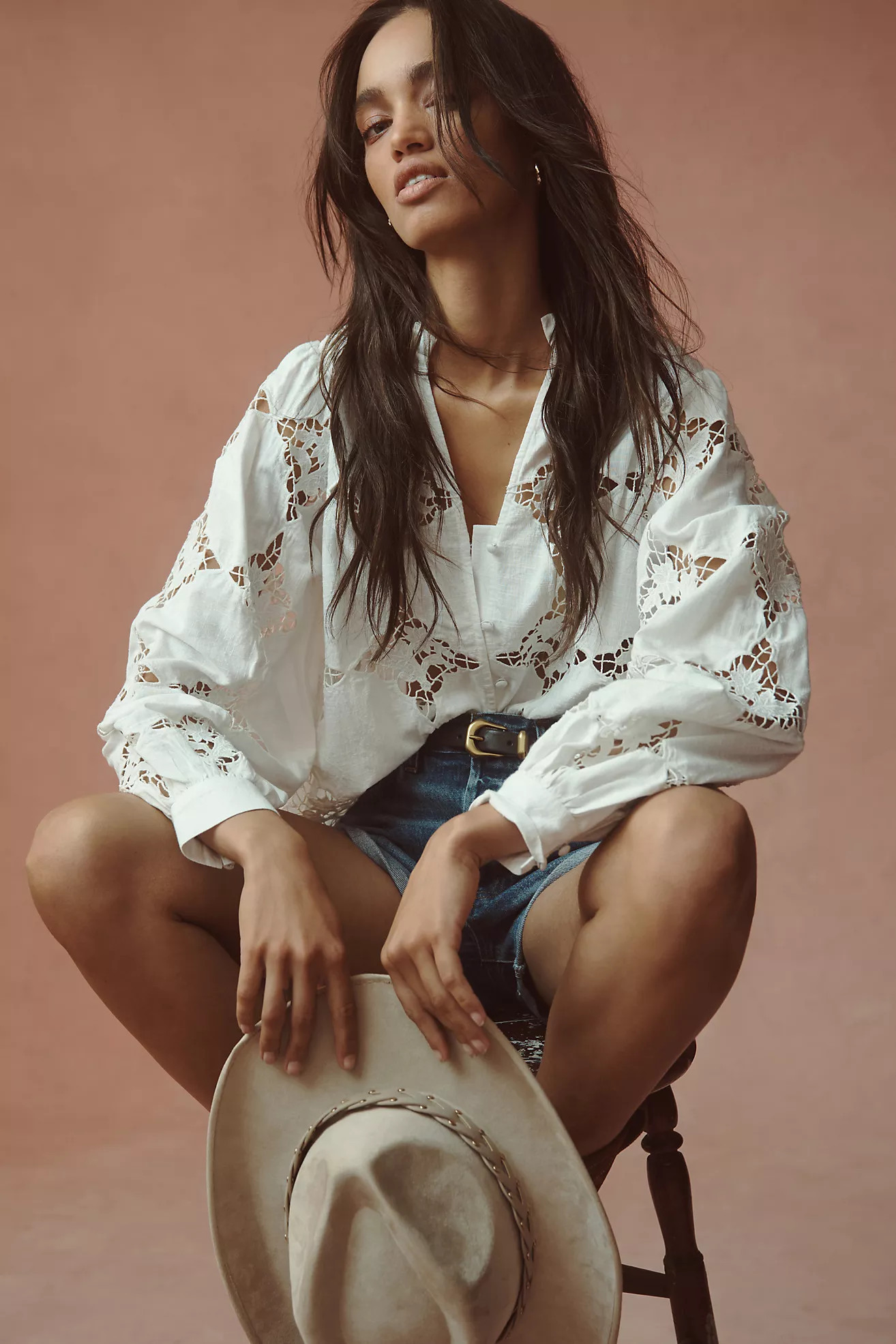 By Anthropologie Long-Sleeve Cutwork Henley Blouse | Anthropologie (US)