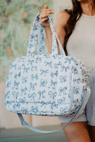 Light Blue Toile Coquette Bows Weekender w/ Pass-Thru Slip | Katydid.com