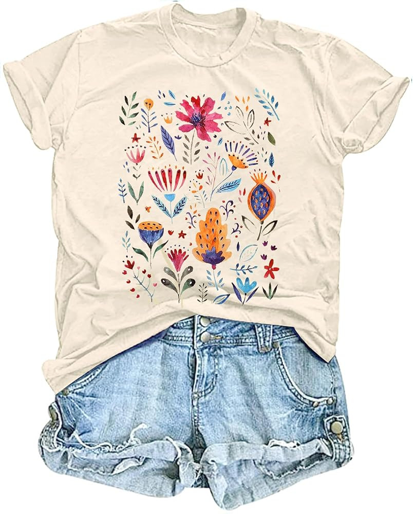 Women's Vintage Floral T Shirt Boho Wildflower Graphic Loose Tees Short Sleeve Casual Tops | Amazon (US)