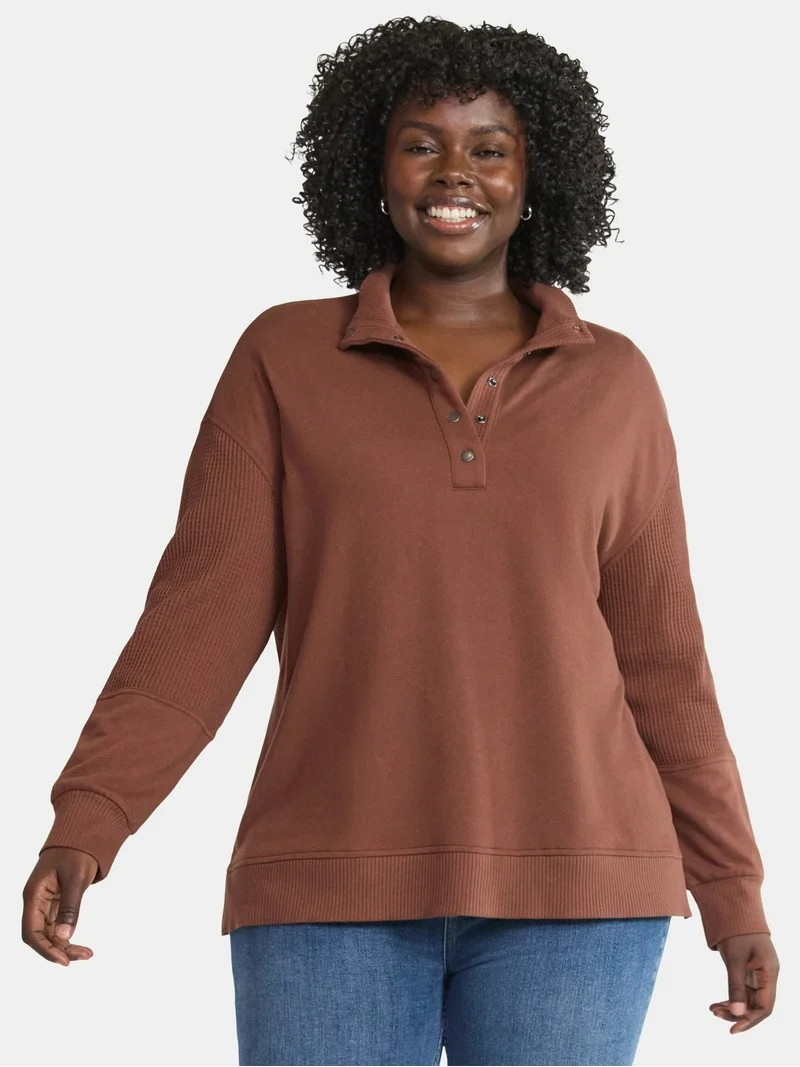 Terra & Sky Women’s Plus Mixed Media Snap Front, Sizes 0X-5X - Walmart.com | Walmart (US)