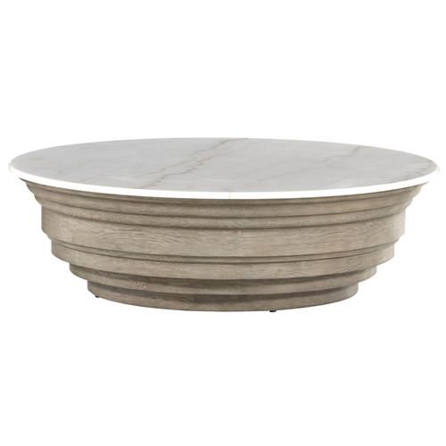 Albert French Country White Marble Top Brown Pine Wood Round Coffee Table | Kathy Kuo Home