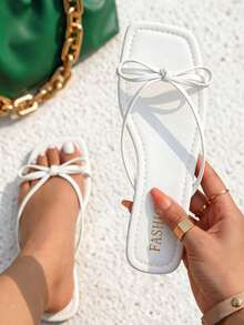 planare New Fashion Summer Casual Vacation Style Slip-On Sandals With Striped Bow Decor, White Fl... | SHEIN