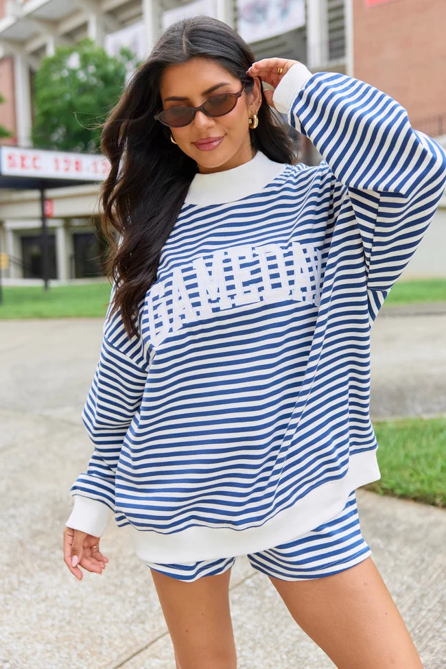 Saturday Social Gameday Blue Striped Mock Neck Pullover | Pink Lily