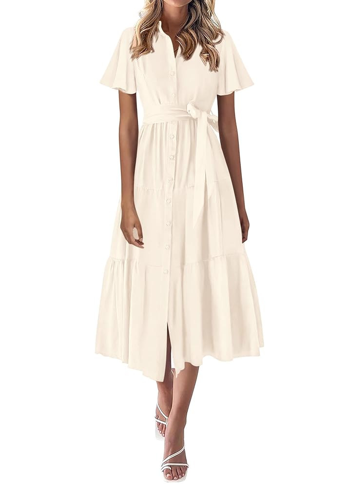 KIRUNDO Summer Button Down Wedding Guest Shirt Dresses for Women Maxi Flutter Short Sleeve Flowy ... | Amazon (US)