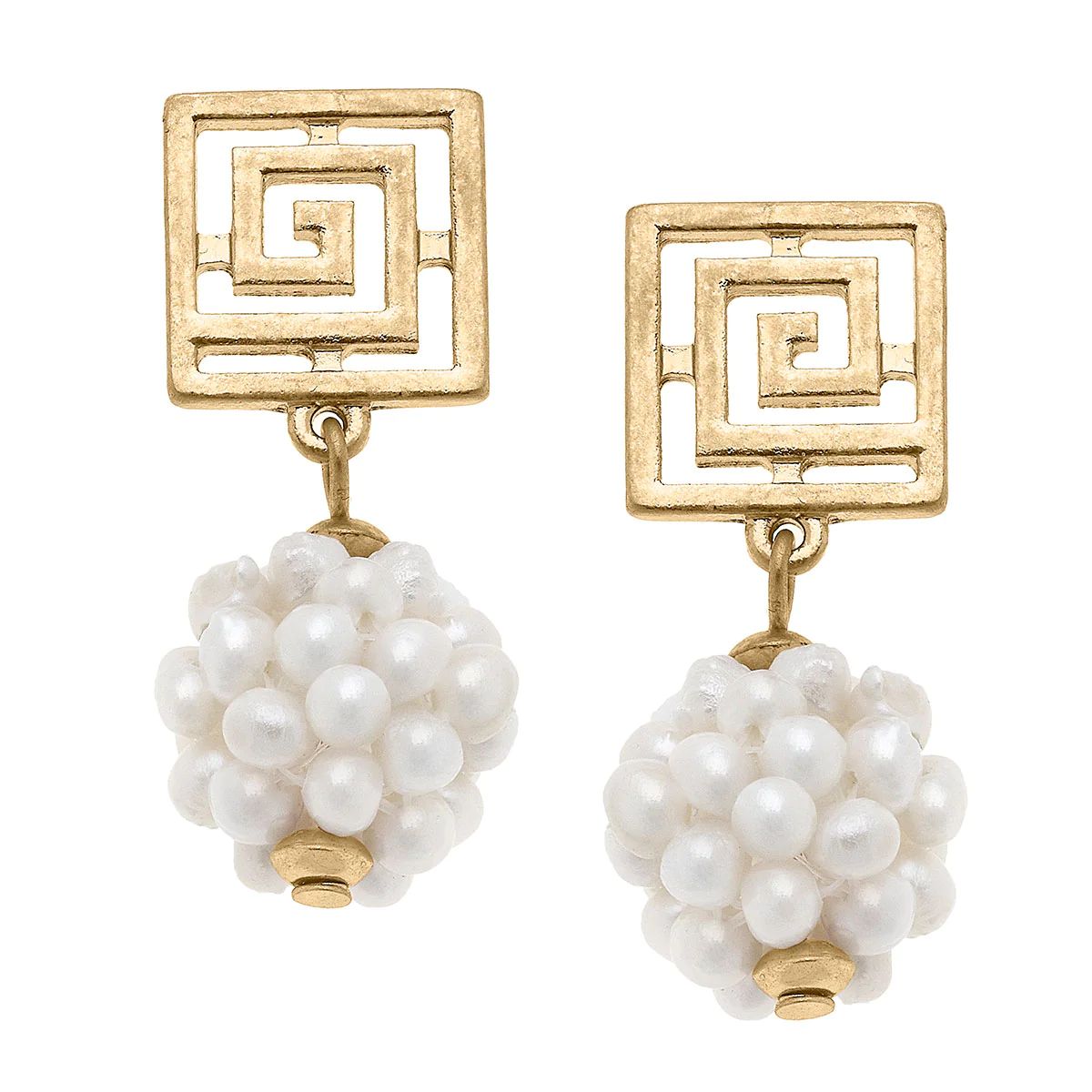 Shea Greek Keys Pearl Cluster Drop Earrings in Ivory | CANVAS