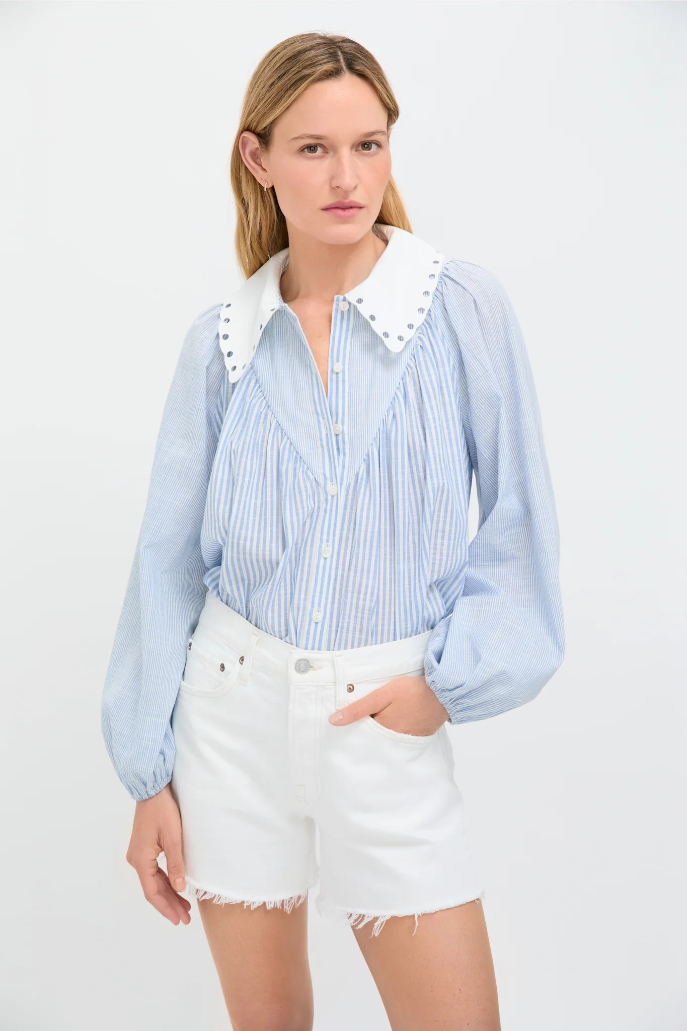 Chambray Stripe Leti Blouse | Tuckernuck (US)
