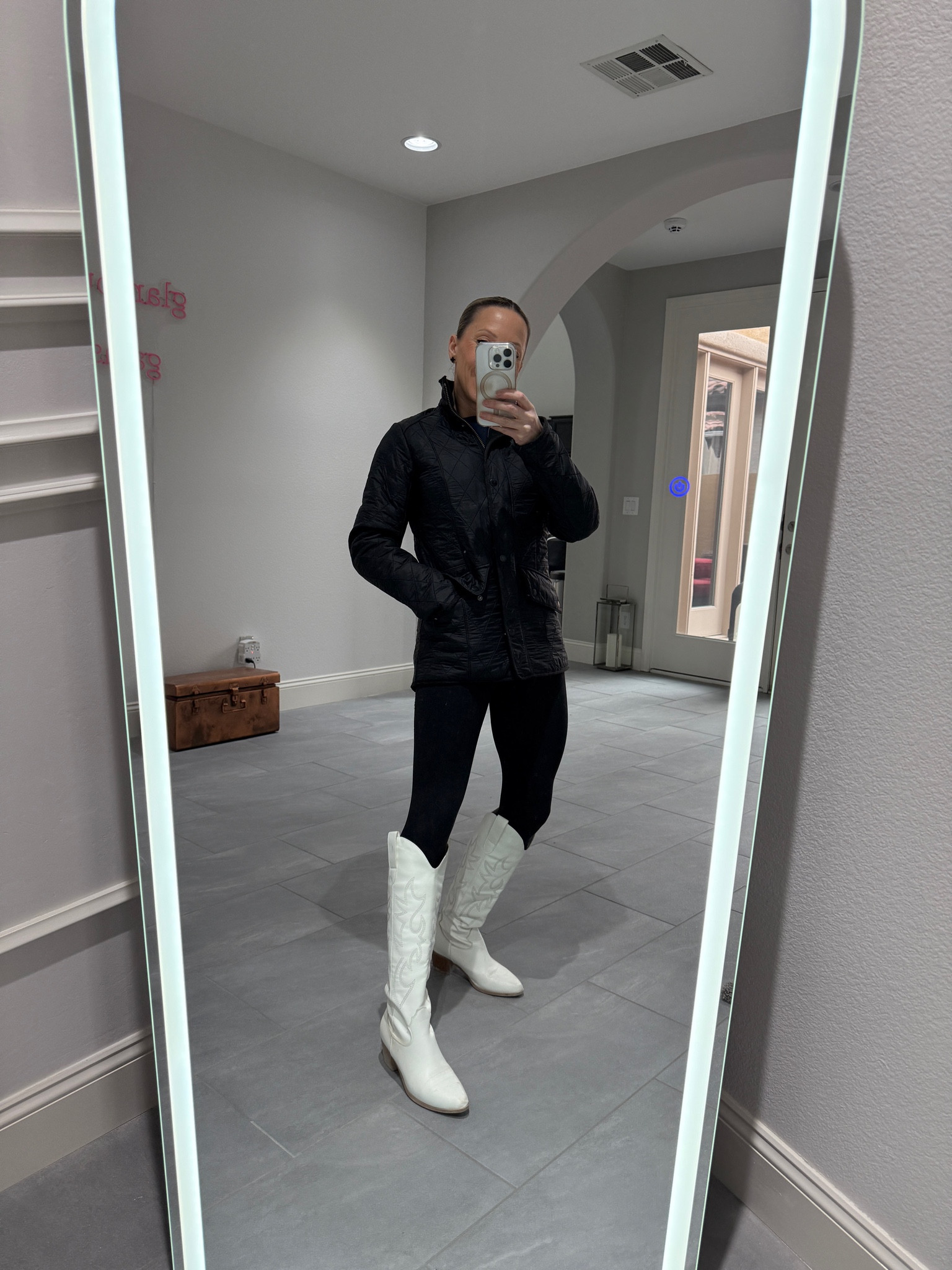 This cowgirl is off to the ranch and bundled up warm for it 🤠 Winter outfit, best black leggings, cowboy boots for women, country outfit, country aesthetic, black barbor coat, horse girl aesthetic, riding outfit, ranch aesthetic, ranch dressing, full length mirror, led mirror, full length LED mirror.

#LTKShoeCrush #LTKSeasonal #LTKStyleTip