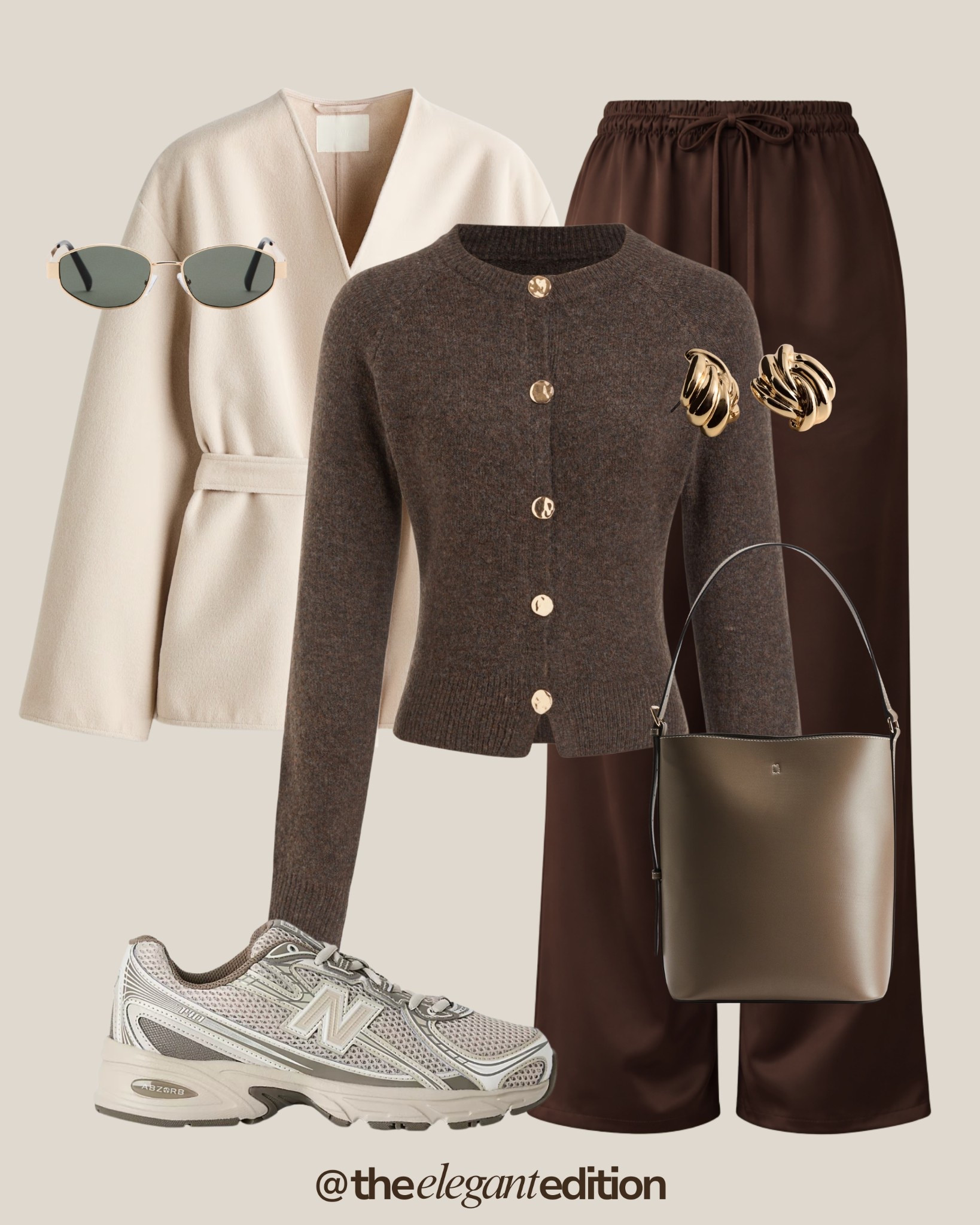 Chocolate Brown Spring Outfit 🤎🤍
chocolate brown trousers wide leg elastic waist cream blazer belted oversized grey cardigan knit button up cozy New Balance sneakers grey beige olive green leather tote bag bucket style gold hardware sunglasses green aviator gold earrings chunky spring transitional casual chic comfortable elegant neutral color palette
#LTKspring #LTKstyletip #LTKshoes​​​​​​​​​​​​​​​​

#LTKstyletip #LTKspring #LTKeurope