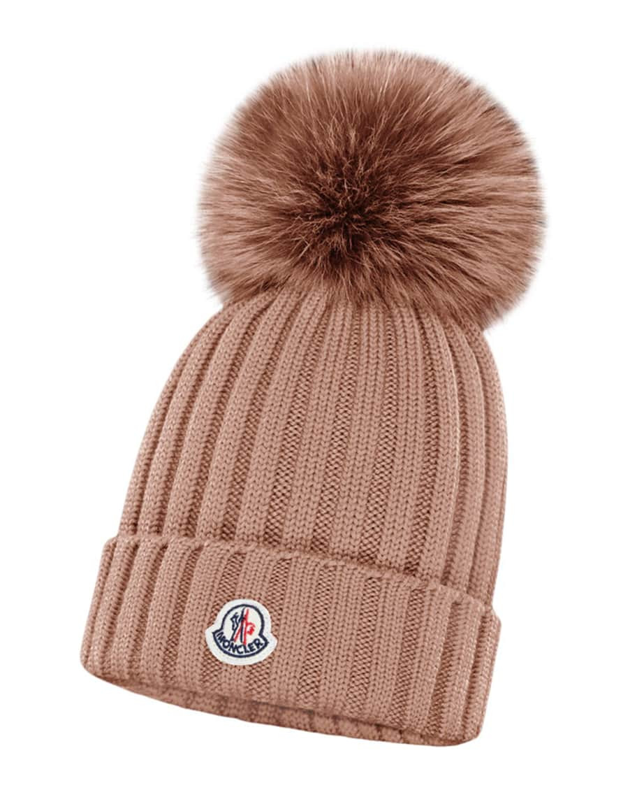 Moncler Ribbed Wool Beanie with Fur Pompom | Neiman Marcus