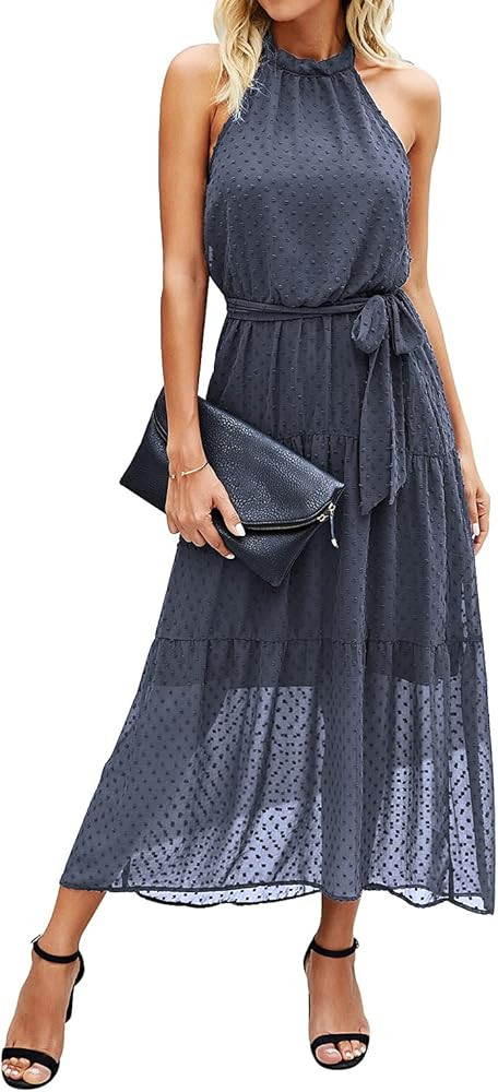 PRETTYGARDEN Women's Casual Halter Sleeveless Floral Long Maxi Dress | Amazon (US)