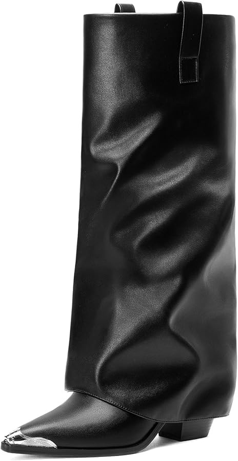 Womens Fold Over Boots Knee High Metal Pointed Toe Chunky Heel Pull On Fall Long Dress Shark Boot... | Amazon (US)