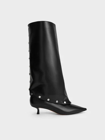 Black Gael Studded Convertible Kitten-Heel Knee-High Boots | CHARLES & KEITH | Charles & Keith US