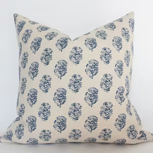 Navy Blue Floral Pillow, Indigo Floral Print Pillow, Cream Blue Throw Pillows, Designer Pillow Co... | Etsy (US)