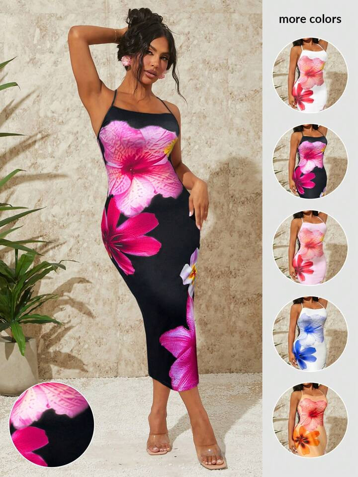 £7.12SHEIN SXY Summer Vacation Holiday Beach Rainforest Women's Tight-Fit Long Dress With Backle... | SHEIN