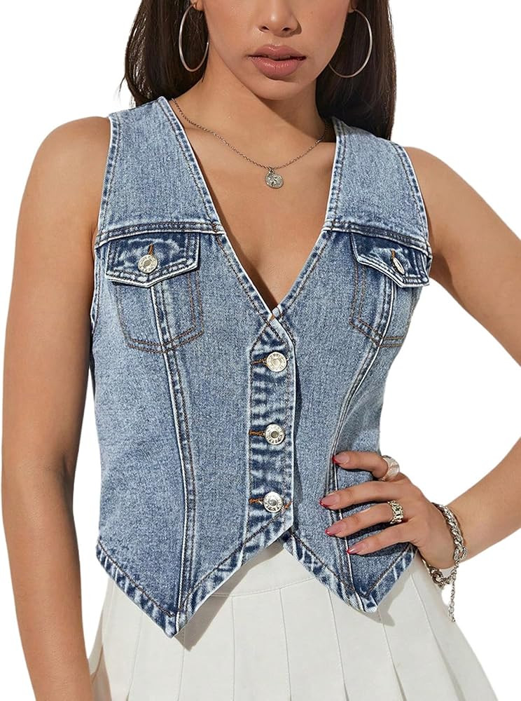 GORGLITTER Women's Denim Vest Top Sleeveless Jean Vest Crop Denim Tank Top Flap Pocket Button Fro... | Amazon (US)